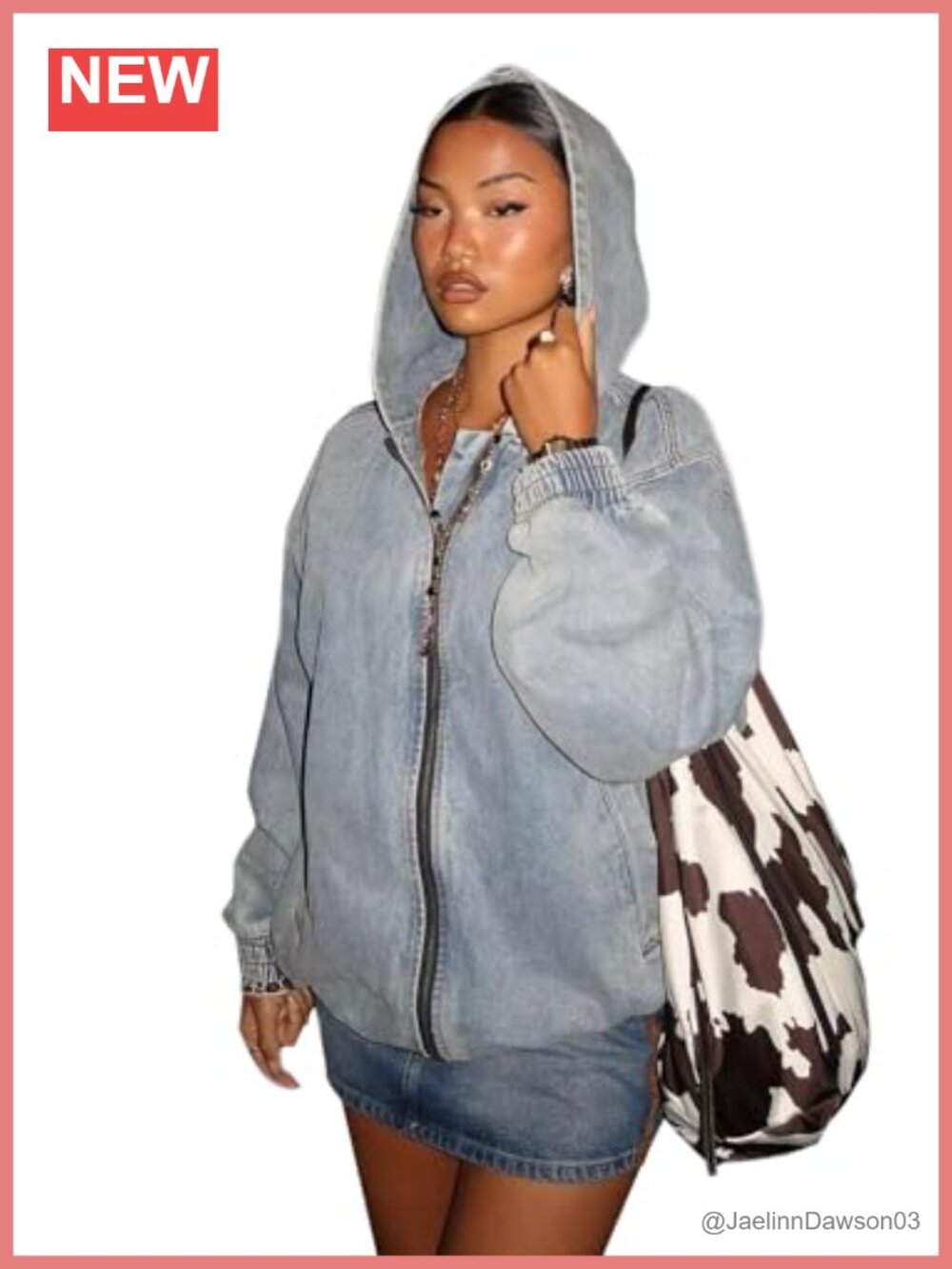 Oversized Hooded Vintage Washed Denim Bomber Jacket Front Zip